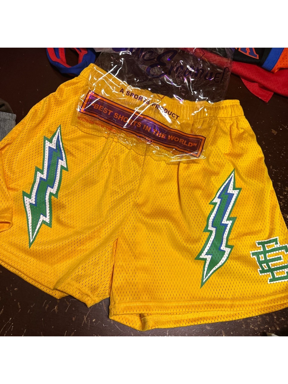 Eric Emanuel Mens Yellow Logo Elastic Waist Pockets Comfort Mesh Shorts Size 2XL